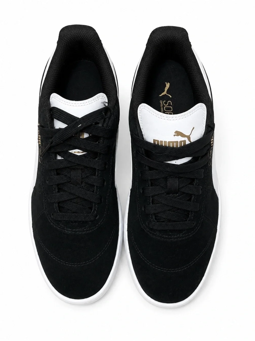 Puma Black Suede Sneakers with White Tongue and Gold Logo